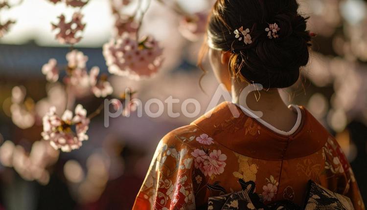卒業式の後、桜の道を歩く卒業生の女性 和服,和風,和装の写真素材