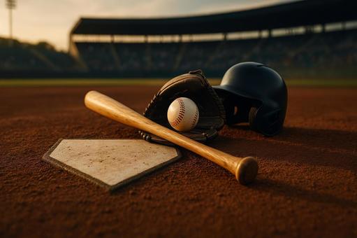 ホームベースと野球道具 ホームベースと野球道具の写真
