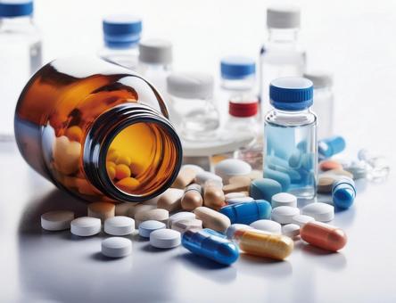 瓶からこぼれた錠剤の写真