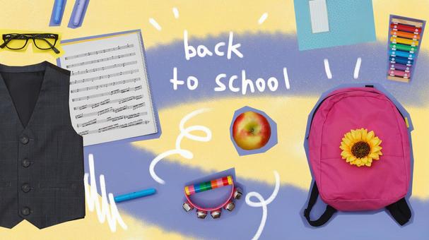 真上から見たリュックやベストや楽譜 リュック,花,植物の写真素材