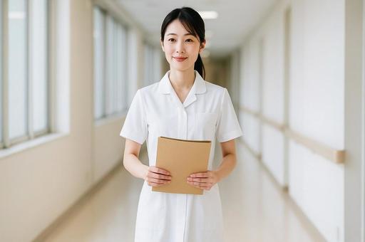 廊下で書類を持つ看護師・白衣のナース 廊下で書類を持つ看護師・白衣のナースの写真
