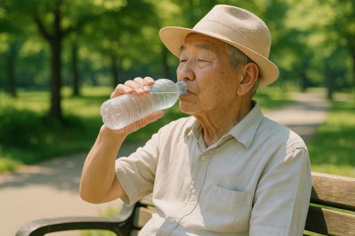 水を飲む高齢男性の熱中症対策 水を飲む高齢男性の熱中症対策の写真
