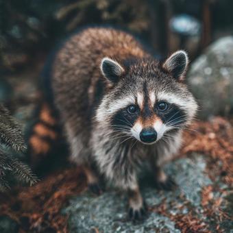 森の中でたたずむアライグマの野生写真 森の中でたたずむアライグマの野生写真の写真