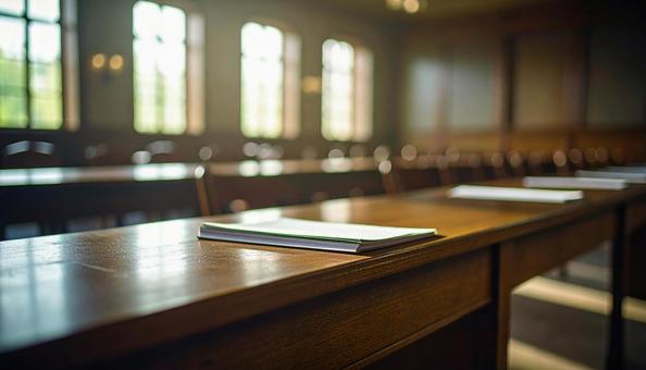 講習会の準備で書類が机に置かれた会場 講習会の準備で書類が机に置かれた会場の写真