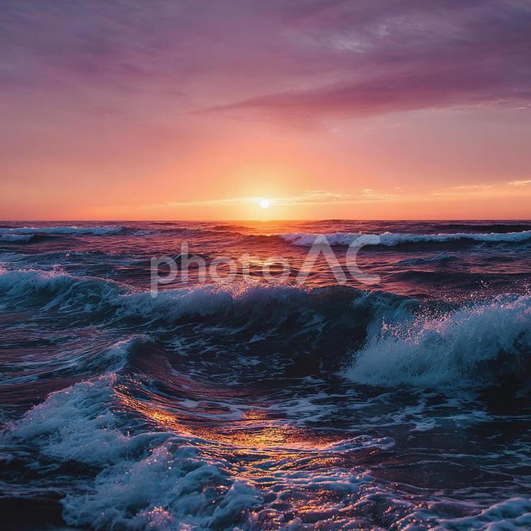 壮大な夕焼けに染まる大海原 夕日,夕焼け,海の写真素材