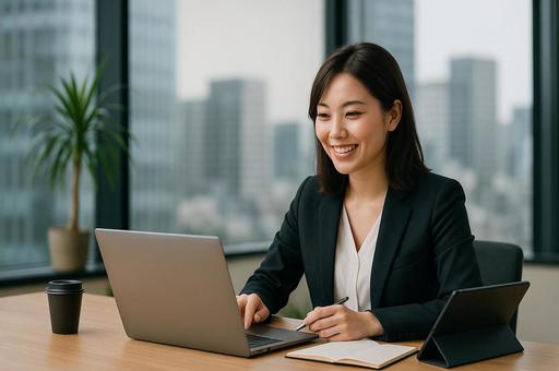オフィスで仕事をする女性 オフィスで仕事をする女性の写真