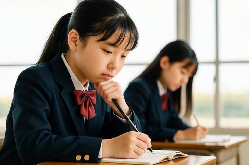 入試に向けて勉強する制服姿の女子学生 入試に向けて勉強する制服姿の女子学生の写真