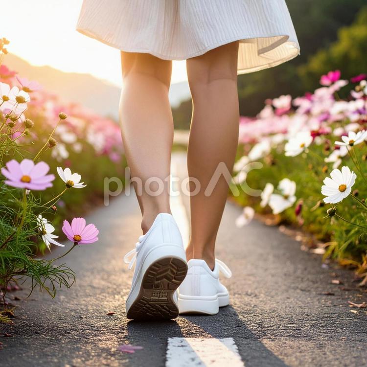 コスモスの咲く道を歩く 人物,女性,コスモスの写真素材