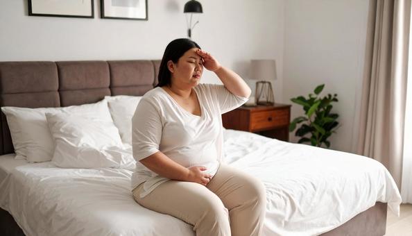 肥満で疲れやすく、額に手をやる女性 肥満で疲れやすく、額に手をやる女性の写真