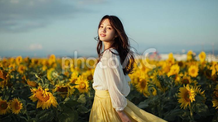 ひまわり畑で微笑む美しい日本人女性 日本人女性,女性,若い女性の写真素材