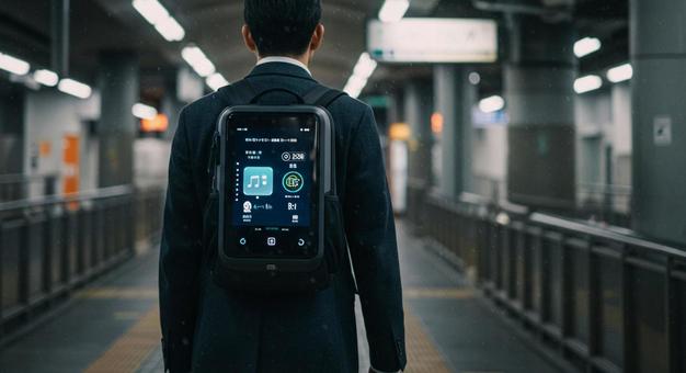 AI搭載バックパックを背負う都会の通勤者 AI搭載バックパックを背負う都会の通勤者の写真