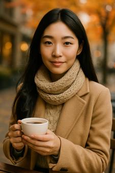 ホットドリンクを持つ女性のポートレート秋 ホットドリンクを持つ女性のポートレート秋の写真