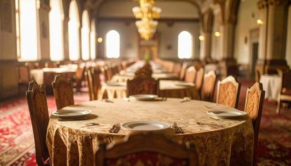 結婚式場のまだ食事が乗っていないテーブル 結婚式場のまだ食事が乗っていないテーブルの写真