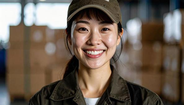 倉庫で働く作業服の20代の日本人女性の写真