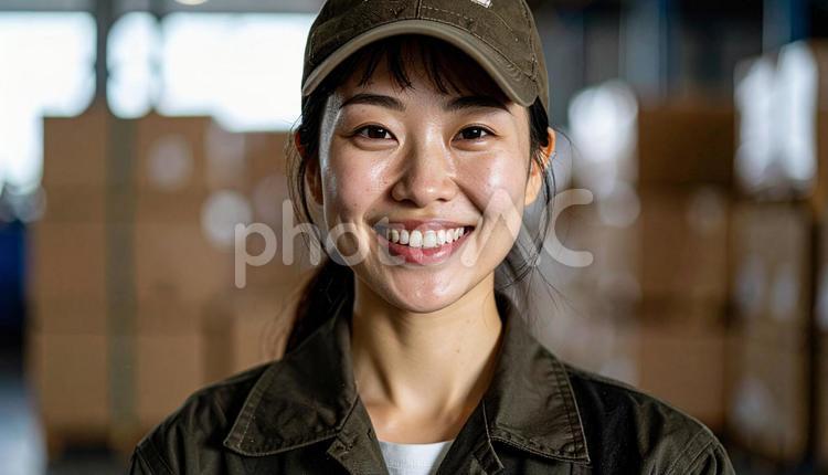 倉庫で働く作業服の20代の日本人女性 倉庫内作業,システム,スタッフの写真素材