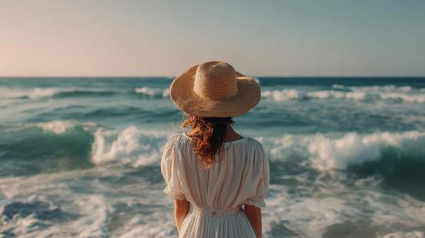 穏やかな波が打ち寄せる海辺でくつろぐ女性 穏やかな波が打ち寄せる海辺でくつろぐ女性の写真