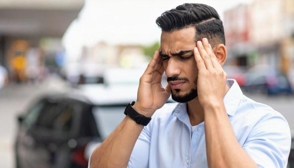 頭を抱えて悩む外国人男性 頭を抱えて悩む外国人男性の写真