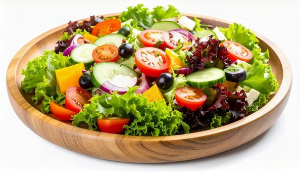 木製プレートに盛り付けられたサラダ 木製プレートに盛り付けられたサラダの写真