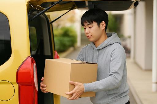 車のトランクから荷物を取り出す男性 車のトランクから荷物を取り出す男性の写真