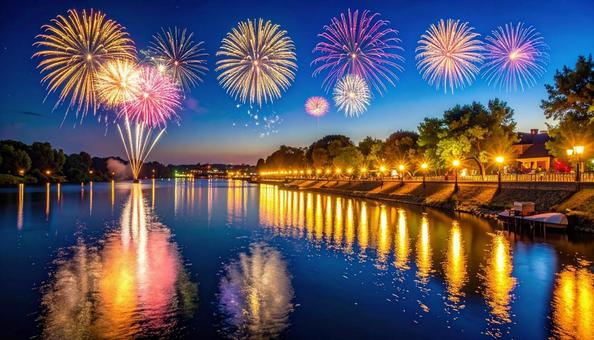 川 カラフルな打ち上げ花火 夏 川 カラフルな打ち上げ花火 夏の写真