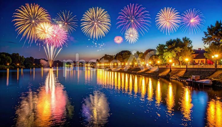 川　カラフルな打ち上げ花火　夏 花火,打ち上げ花火,打上花火の写真素材