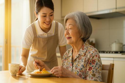 自宅での介護中に食事を手伝う女性 自宅での介護中に食事を手伝う女性の写真