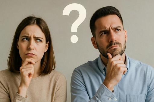 考える男女とクエスチョン 考える男女とクエスチョンの写真