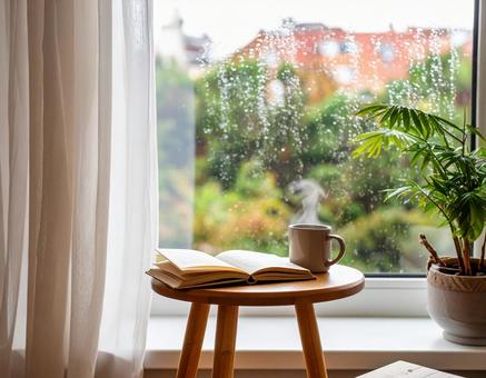 雨の日の窓際の写真
