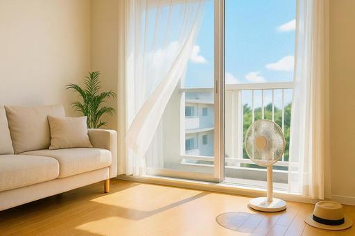 A refreshing room in an apartment with a summer breeze passing through, mansion, summer, refreshing, JPG