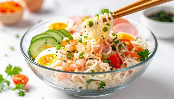 ガラスの器の冷麺 冷やし中華を箸ですくう ガラスの器の冷麺 冷やし中華を箸ですくうの写真