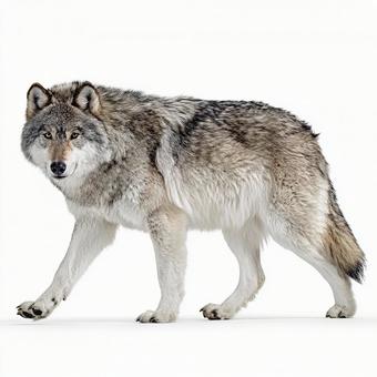 白背景を歩く野生の狼の写真