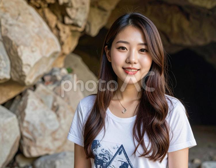 洞窟を見に来ました 人物,女性,洞窟の写真素材