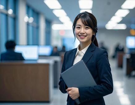 オフィスでPCを持って微笑む女性社員 オフィスでPCを持って微笑む女性社員の写真
