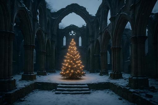 廃墟に灯るツリーの写真