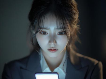 スマホを見つめ不安な表情をする若い女性の写真