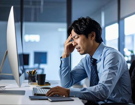 仕事のストレスで頭を抱えるビジネスマン 仕事のストレスで頭を抱えるビジネスマンの写真