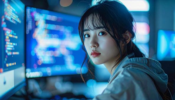 未来的なオフィスで作業するプログラマーの写真