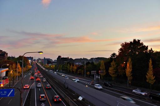 秋のたそがれの新御堂筋、桃山台付近 新御堂筋,国道423号線,道路の写真素材
