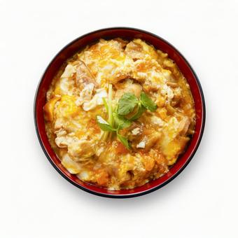 ふんわり卵のとろ〜り親子丼 真俯瞰 ふんわり卵のとろ〜り親子丼 真俯瞰の写真