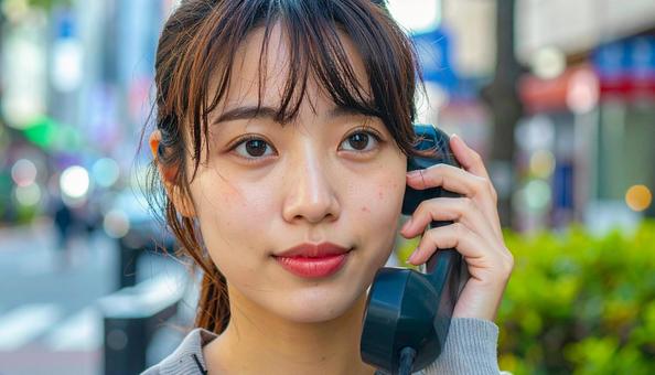 携帯の通信障害で公衆電話を使う若い女性の写真