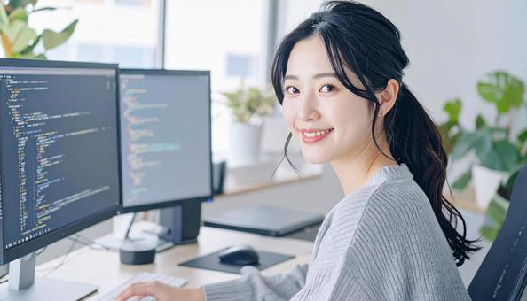 プログラミングをする女性エンジニア プログラミングをする女性エンジニアの写真