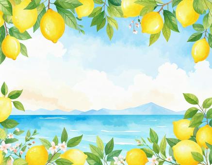 レモンと海の背景フレーム素材の写真