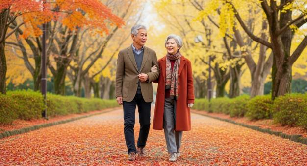 腕を組み紅葉道を散策するシニアカップル 腕を組み紅葉道を散策するシニアカップルの写真