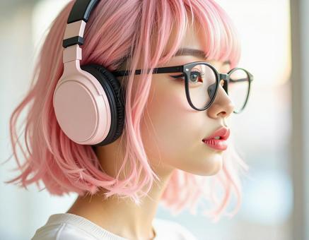 ヘッドホンをする女性の写真