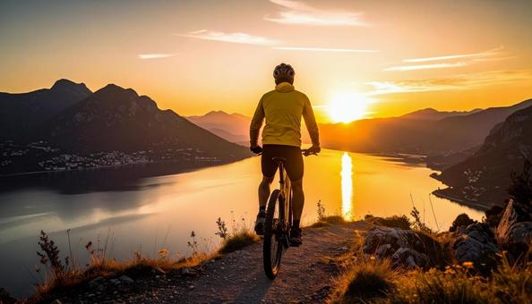 山と湖を背景にサイクリングする男性 山と湖を背景にサイクリングする男性の写真