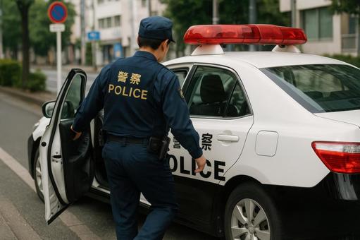 パトカーに乗り込む警察官 パトカーに乗り込む警察官の写真