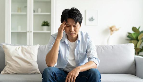 ソファに座って頭を抱える20代の男性の写真