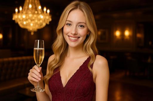 シャンパングラスと笑顔女性・パーティー シャンパングラスと笑顔女性・パーティーの写真