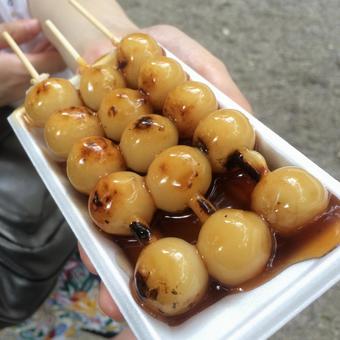 Freshly made piping hot mitarashi dango, JPG