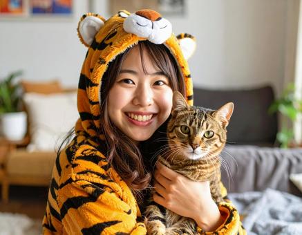 寅年フォト・虎コスのとら子さんと虎猫? 寅年フォト・虎コスのとら子さんと虎猫?の写真